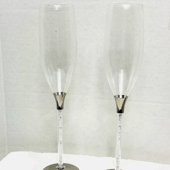 Champagne Toasting Flutes Wine Glass HBH Stemwear Glittering Beads - Set of 2 - Picture 6 of 14